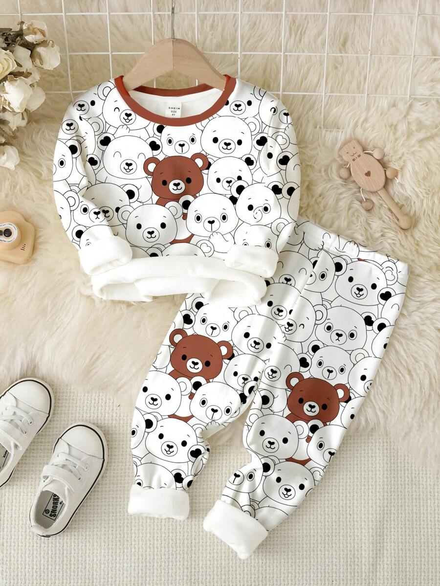 SHEIN Tutina casual comoda da bambino con stampa di orsacchiotto, stile minimalista, morbida e avvolgente, collo equipaggio, maniche lunghe, adatta per l'autunno e l'inverno