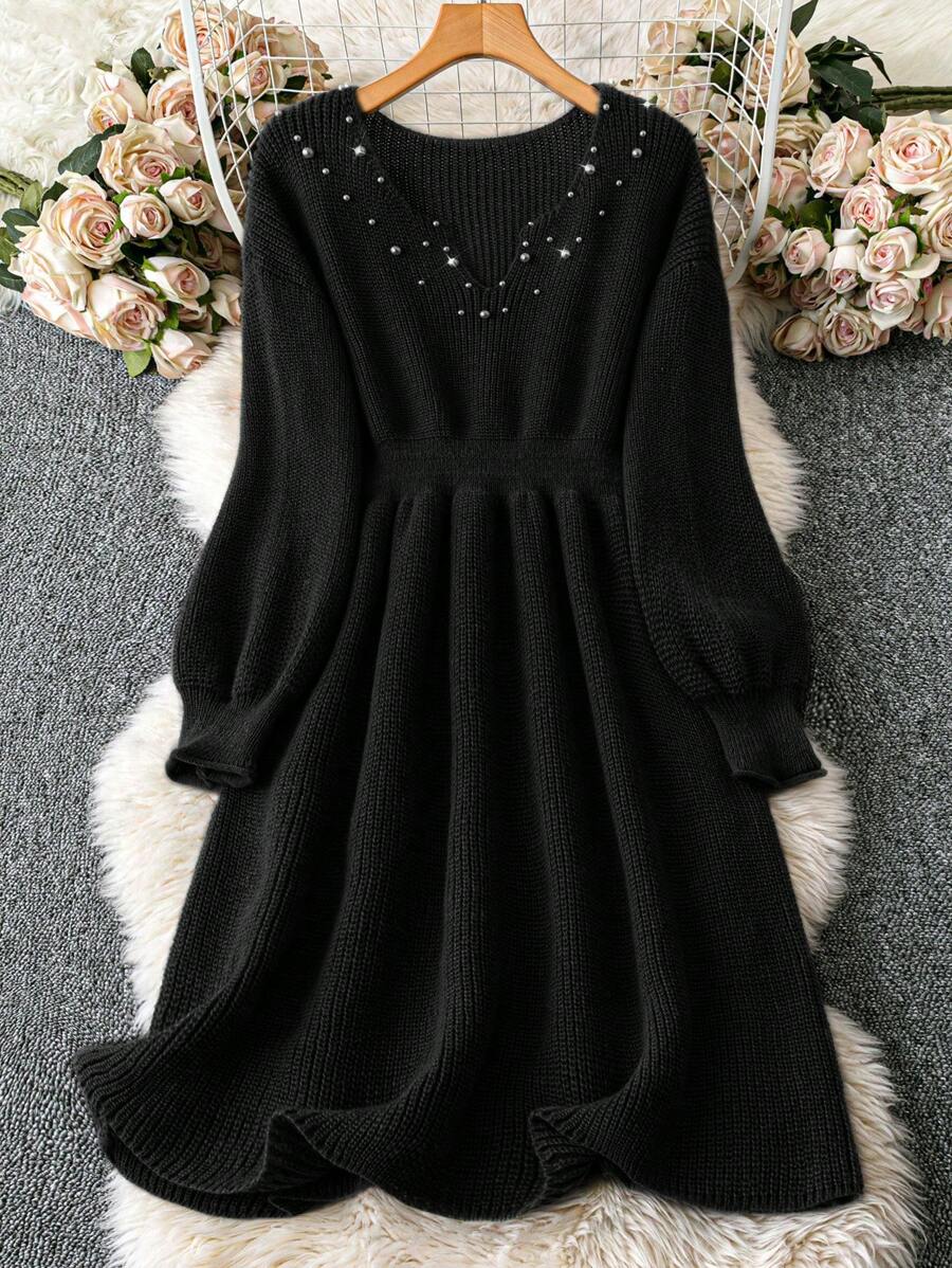 SHEIN Clasi Vestido suéter elegante de trabajo de manga larga con cintura de cuentas de unicolor de punto para mujer de talla grande, otoño/invierno