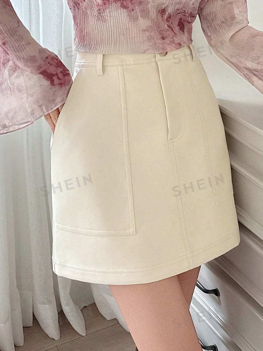 DAZY Falda a línea de PU con bolsillos y botones delanteros en color liso, de estilo casual sencillo para mujeres