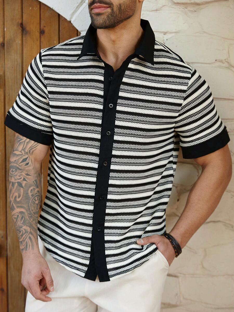 ResortEase Camisa casual de manga corta a rayas con botones frontales para hombres de tallas grandes