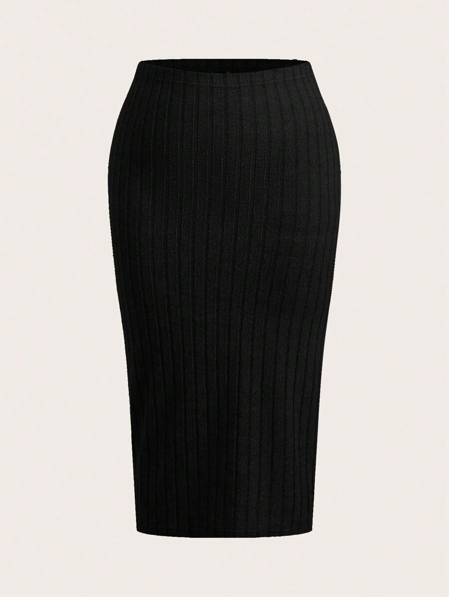 SHEIN EZwear Plus Size Solid Color Minimalist Ribbed Knit Skirt, Casual Everyday Wear,Winter Clothes For Women