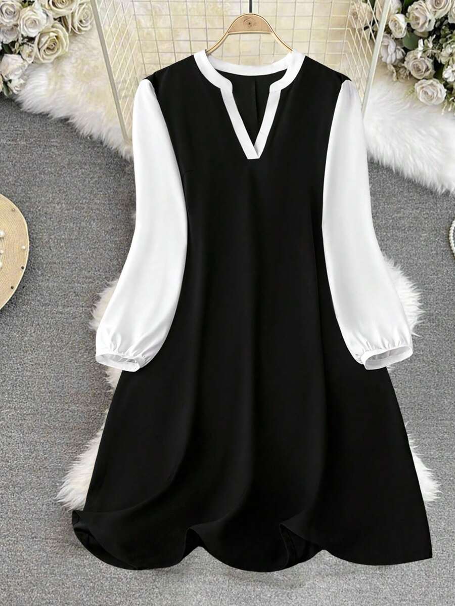 SHEIN LUNE Plus Size Contrast Color V-Neck Elegant Long Sleeve Dress