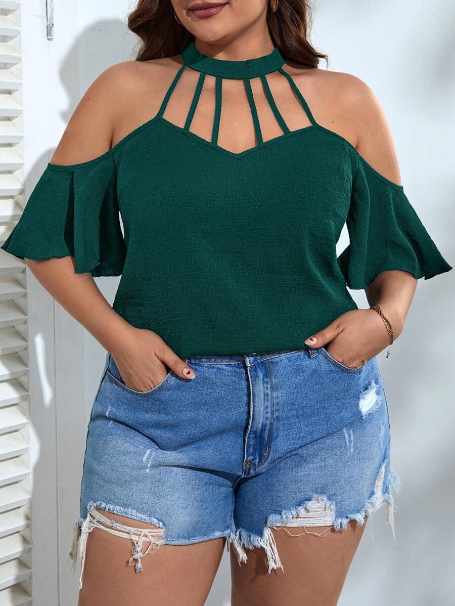 SHEIN VCAY Plus Size Vacation Casual Solid Color Cold Shoulder Halter Shirt
