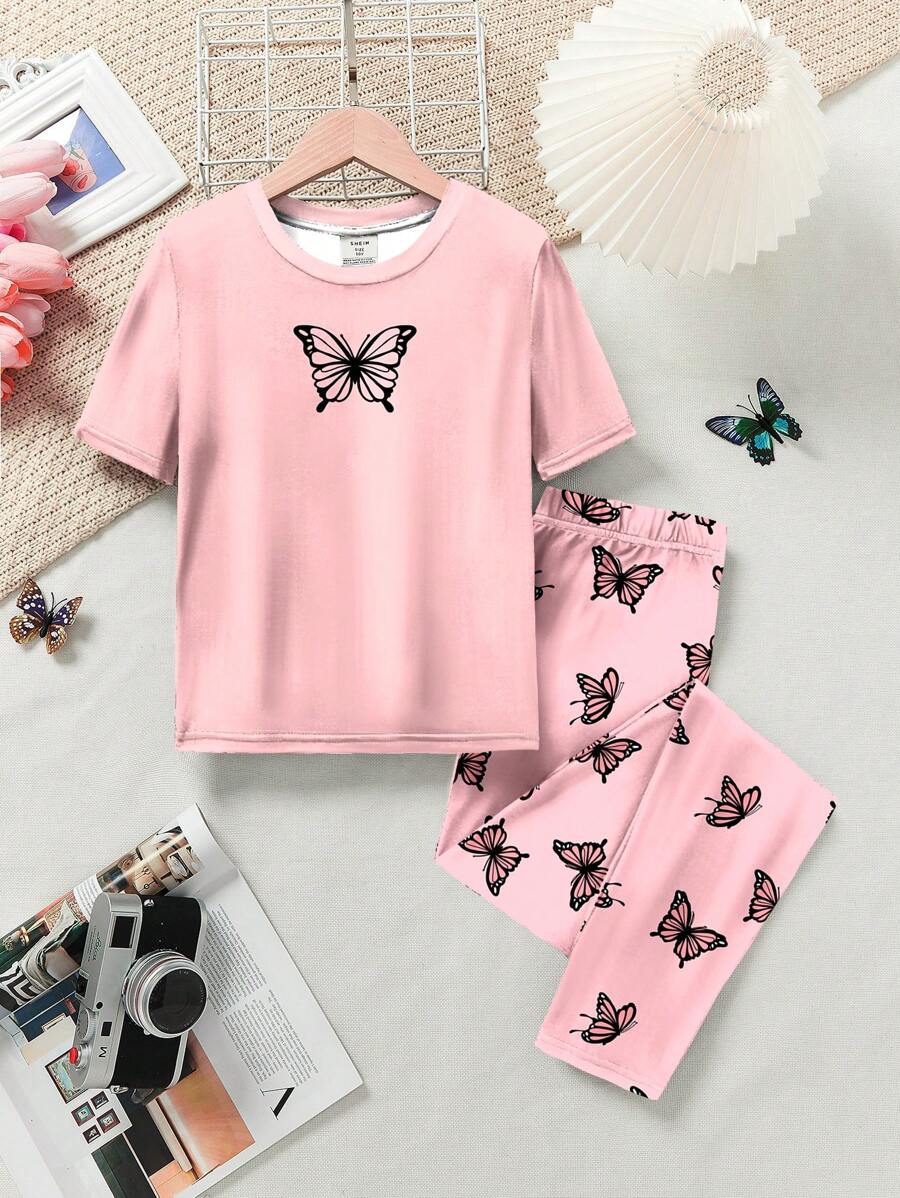 Meisjes Casual Minimalistische Vlinderprint Roze Korte Mouw Top En Broek Pyjama Set, Nauwsluitende Pasvorm, Lente/Zomer