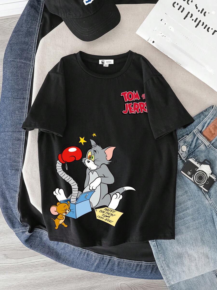 TOM & JERRY X SHEIN Tween Boy Casual Cartoon Graphic Short Sleeve T-Shirt, Suitable For Summer