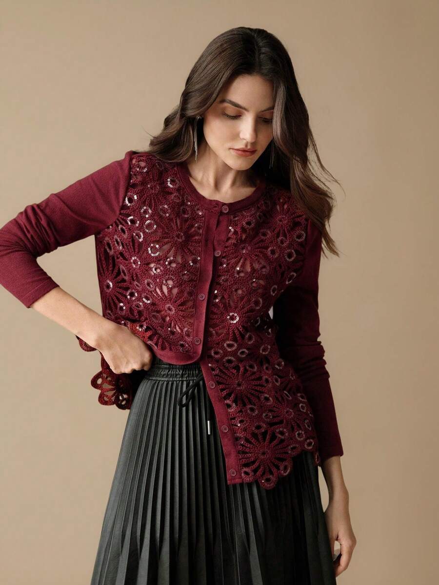 Anewsta Retro Knitted Patchwork Embroidered Floral Sequin Decoration Cardigan Sweater For Women, Fall Outfit For Christmas And New Year