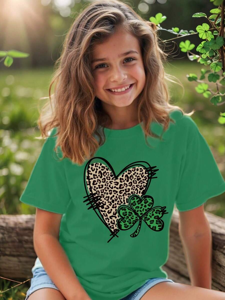 SHEIN Tween Girls Casual Fashionable Creative Leopard Print, Clover, Heart Graphic Short Sleeve T-Shirt