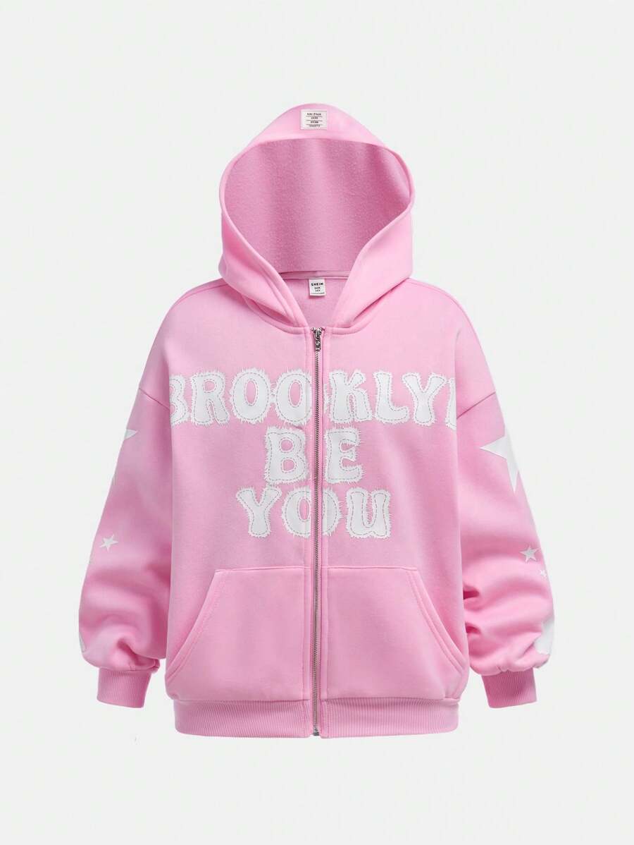SHEIN Sudadera con capucha casual holgada con gráfico de letras para niña preadolescente