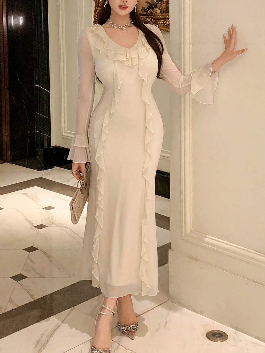 DAZY Mid-Calf Length Ruffle Hem Dress For Women, Valentine's Day Summer Elegant