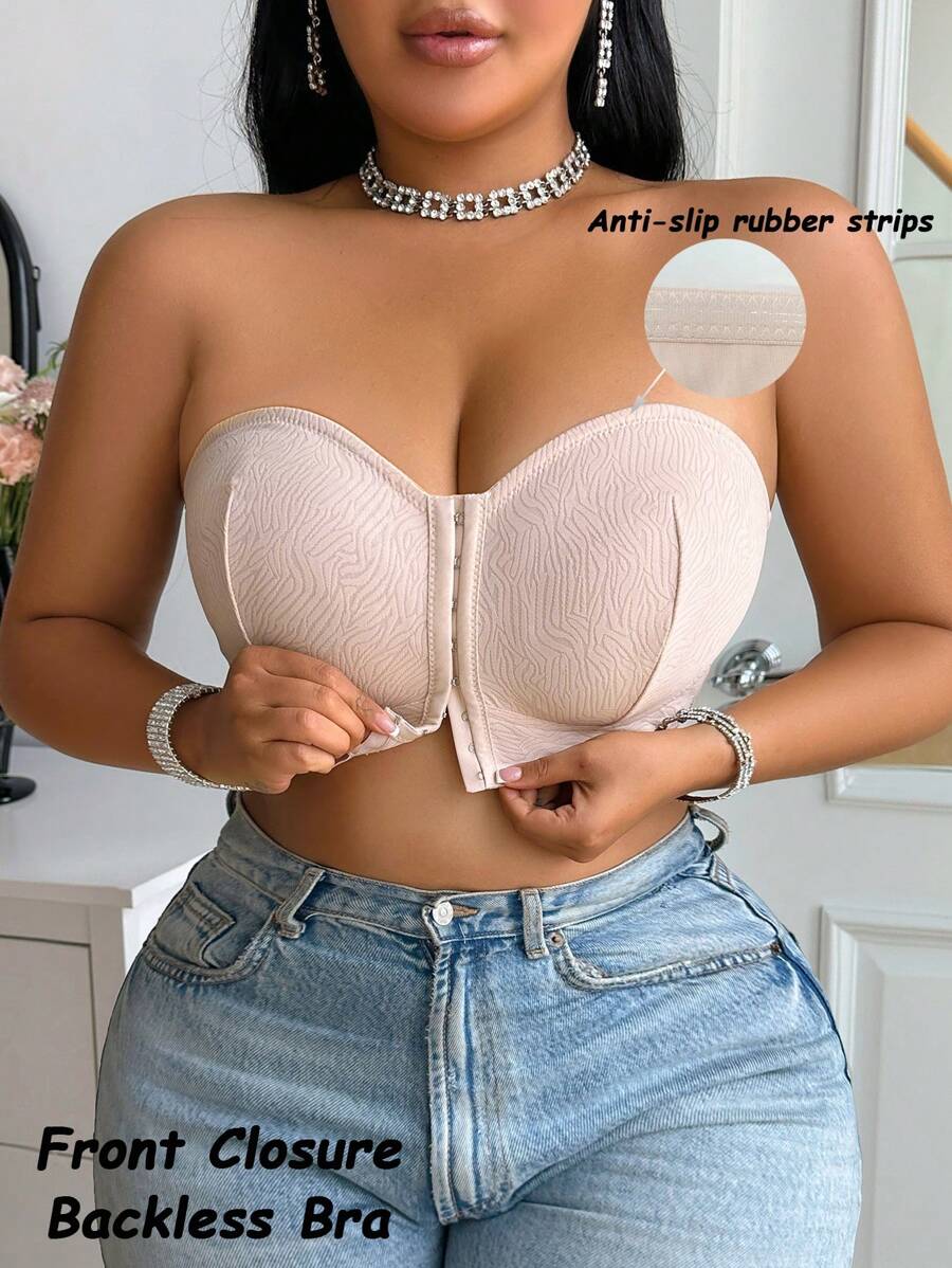 1 pieza Sujetador tipo bandeau de talla grande con cierre delantero y diseño de jacquard