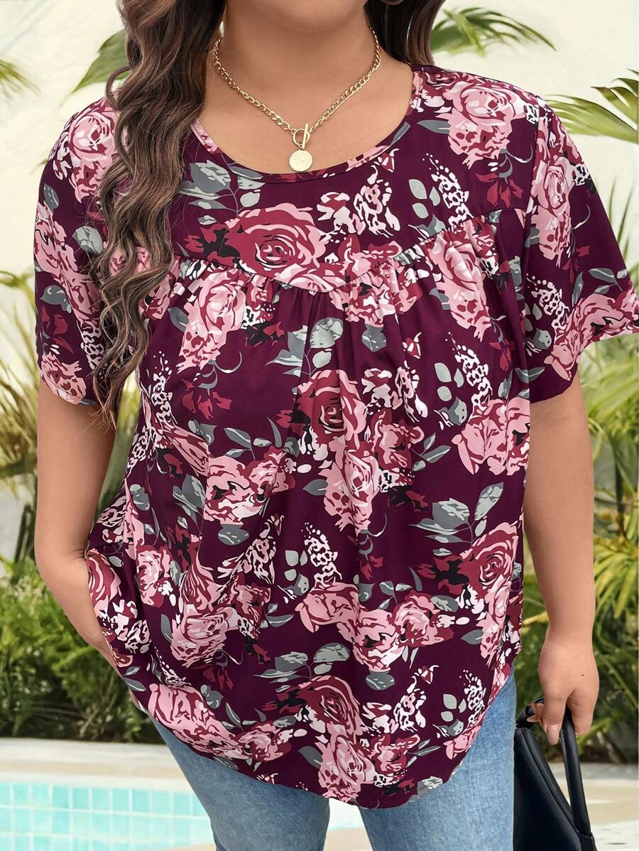 EMERY ROSE Plus Size Women Casual Round Neck Floral Printed T-Shirt Top