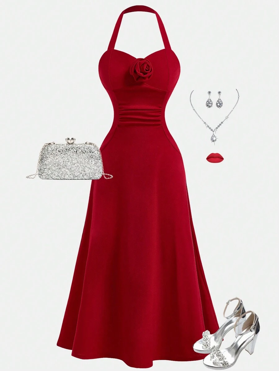 Girlism Vestido ajustado de línea A rojo de punto con halter para niñas preadolescentes, con decoración de flores 3D y detalle fruncido, adecuado para el Día de San Valentín, fiestas y uso casual