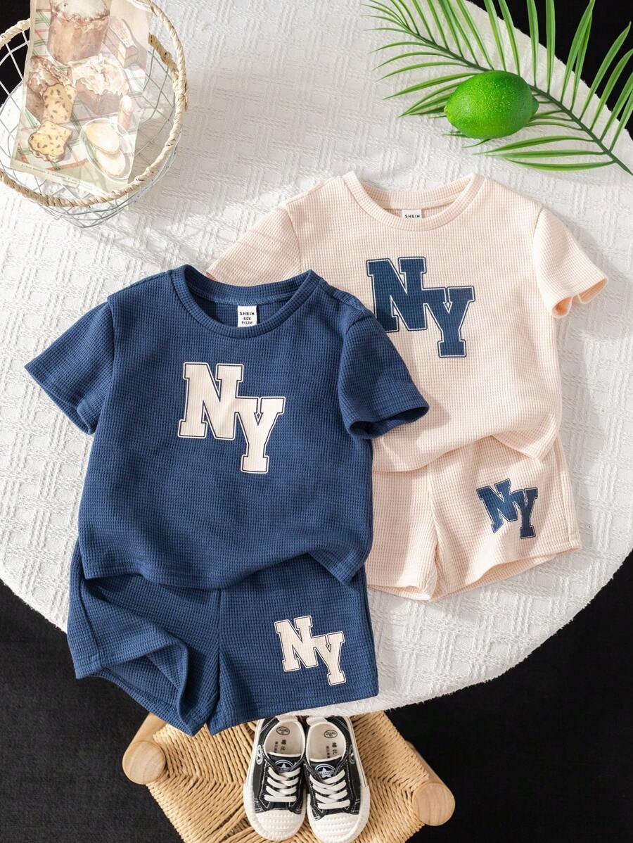 SHEIN 4pcs Set Of Baby Boy/Girl Letter Print Knit Soft Round Neck Short Sleeve Drop Shoulder Top And Elastic Waist Shorts