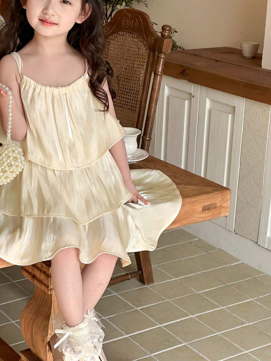 DAZY Vestido elegante de niña con tirantes de espagueti y pliegues de unicolor, conjunto de ropa de verano para niñas