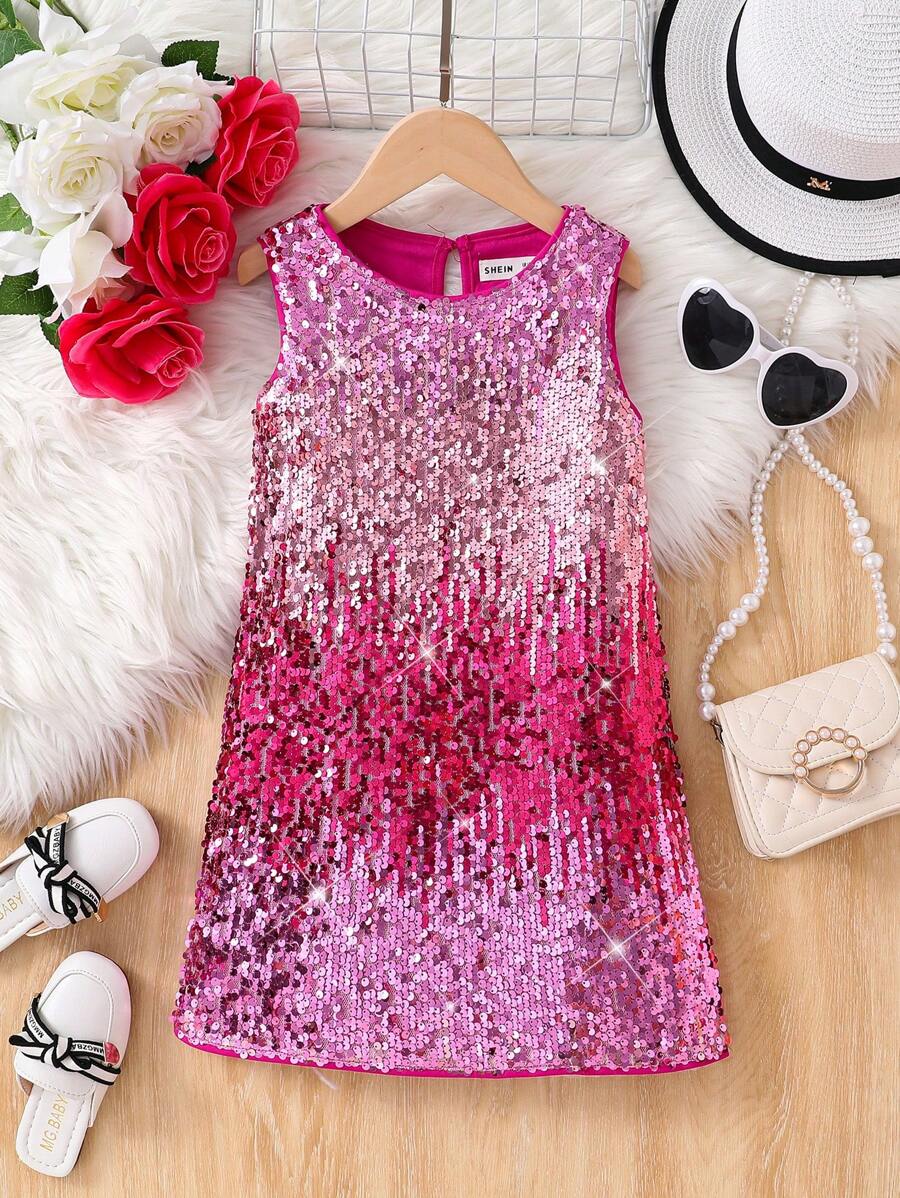 SHEIN Young Girl Chiffon Beaded Round Neck Sleeveless Loose Casual Dress, For Christmas