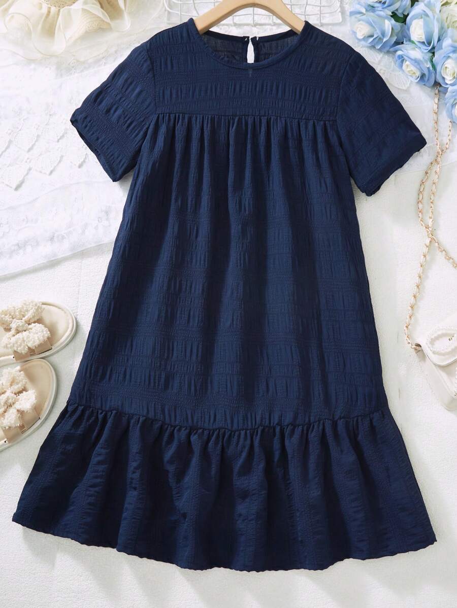 SHEIN Wildeya Vestido casual suelto y cómodo de tela texturizada rosa para niña preadolescente para vacaciones