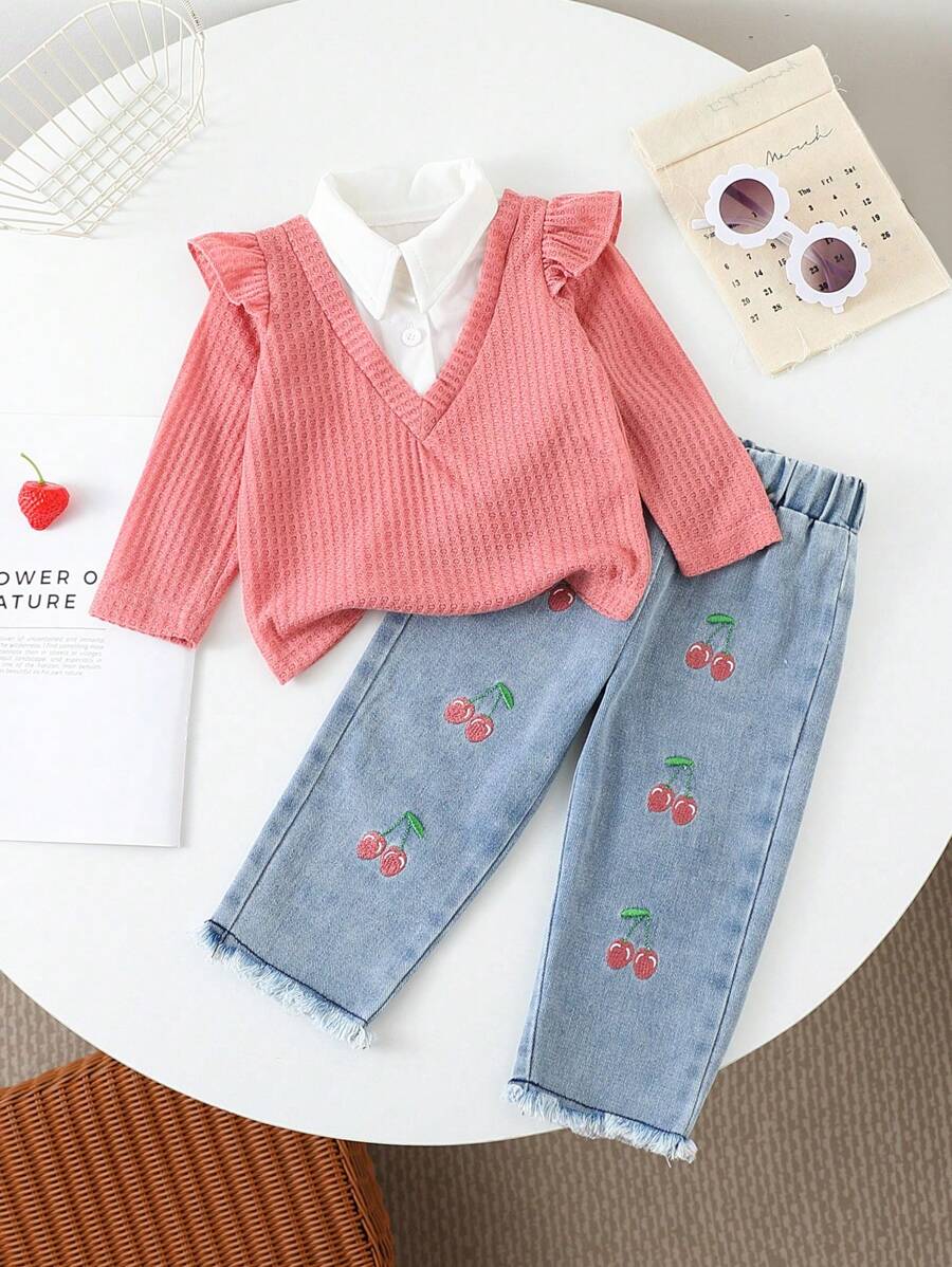 2pcs Baby Girl Autumn Winter New Casual Cute Fun 2 In 1 Waffle Shirt Top With Cherry Fruit Embroidery And Denim Pants Set