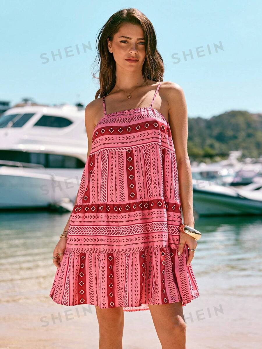 SHEIN VCAY Vestido corto de verano sin mangas con volantes y estampado tropical para mujer