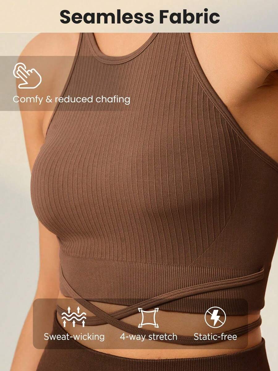Seamluxe SHEIN Sport Women's Solid Color Round Neck Sleeveless Slim Fit Yoga Ribbed Sports Tank Top