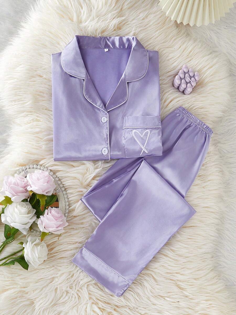 Set de 2 piezas de pijama con bordado de corazón en manga corta y pantalones, tacto sedoso, para vacaciones