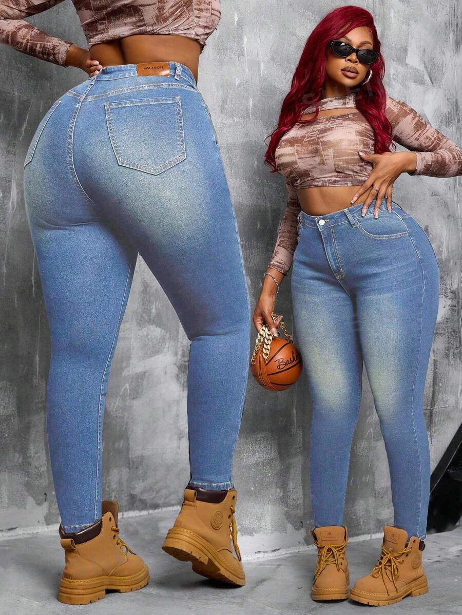 SHEIN SXY Jeans ajustados y elásticos de talla grande para mujer, estilo vitage