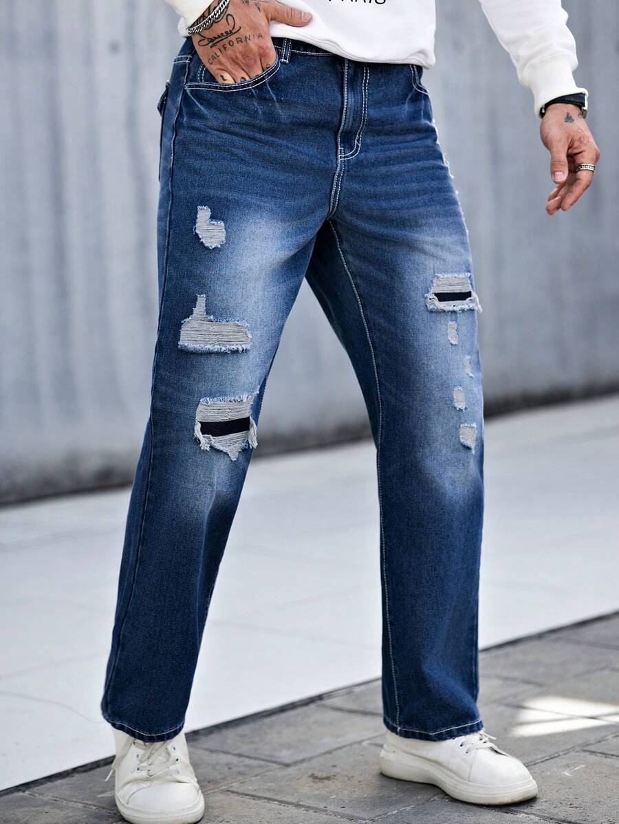 Manfinity Homme Pantalones vaqueros casuales rasgados con bolsillo simples para hombre