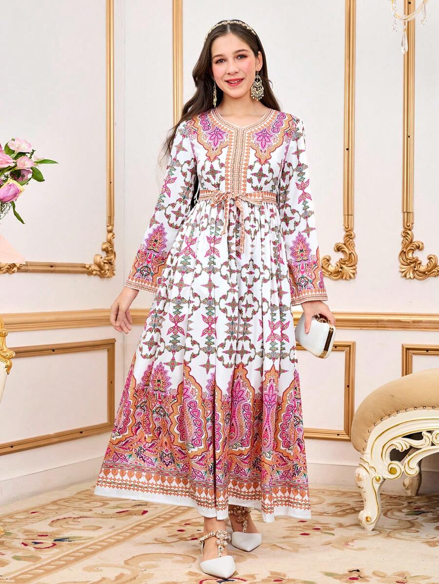 Teen Girls Elegant V-Neck Long Sleeve Waisted Dress With Gold Pattern For Teen Girls, Ideal For Vacation,Holiday,Summer,Travel