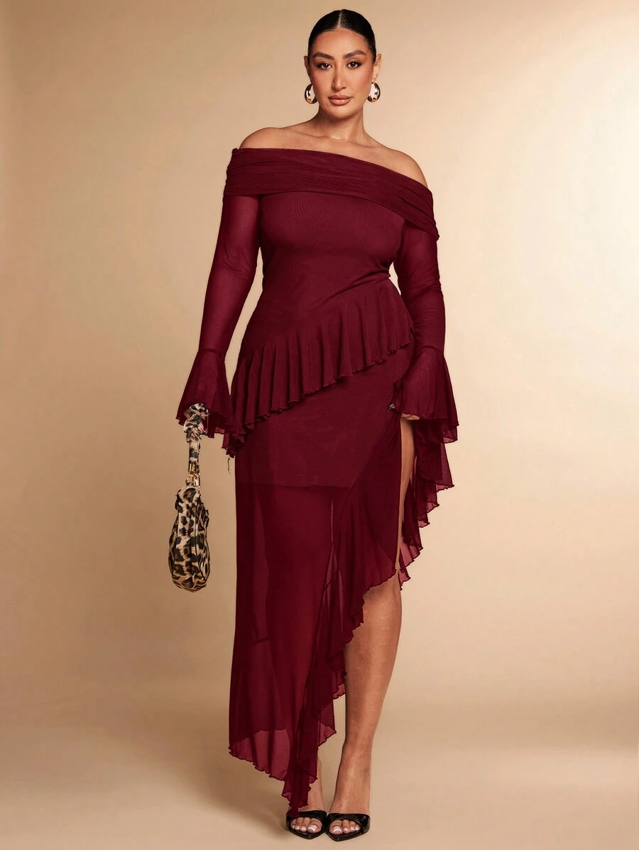 SHEIN BAE Robe longue avec une seule épaule, décoration de volant en maille tulle noire unie, fente haute, ourlet pour femmes grandes tailles au printemps, en automne et en hiver. Robe élégante et sexy, robe douce, robe romantique pour rendez-vous, robe pour la Saint-Valentin, le Nouvel An, les festivals, les fêtes