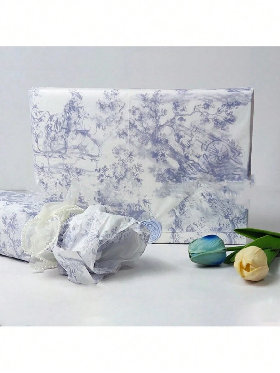 SHEIN 50 Sheets 20 * 14 Inch Eucalyptus Tissue Paper Vintage Courtly Swimming Spring Scene Gift Wrap Paper Spring Fling Wrapping Paper For Gift Bags, Weddings, Birthday Gifts And Crafts