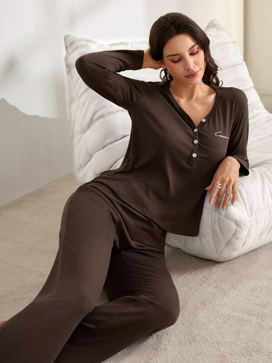 Lazeform Women Fleeced Letter Print Long Sleeve Top And Pants Loungewear Set
