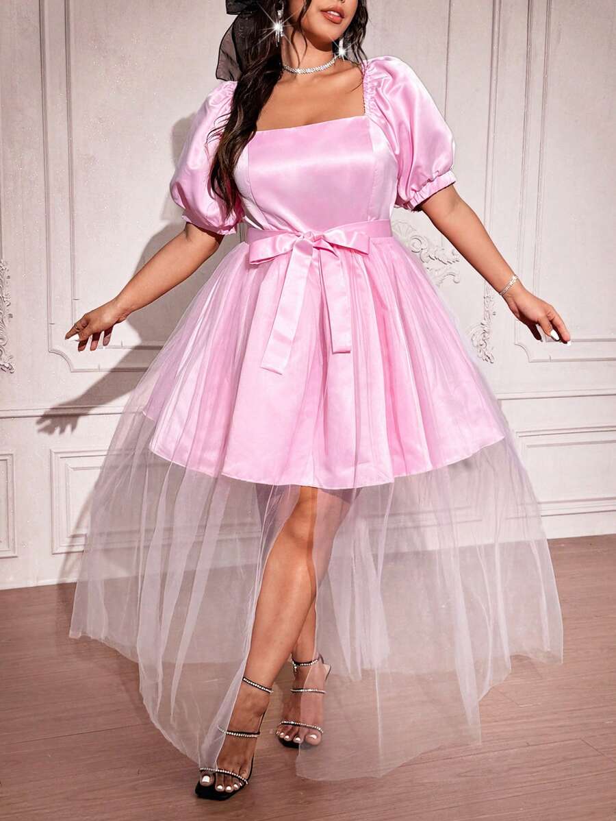 Celure Plus Size Solid Color Mesh Patchwork Front Tie Short Sleeve Simple Elegant Dress,Valentine Wedding Day Wedding Guest