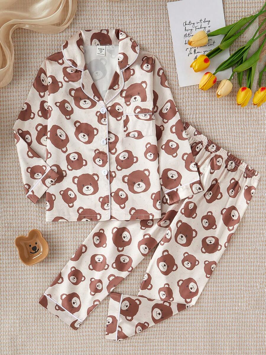 Pyjamaset met lange mouwen en imitatiezijden berenprint voor jong meisje