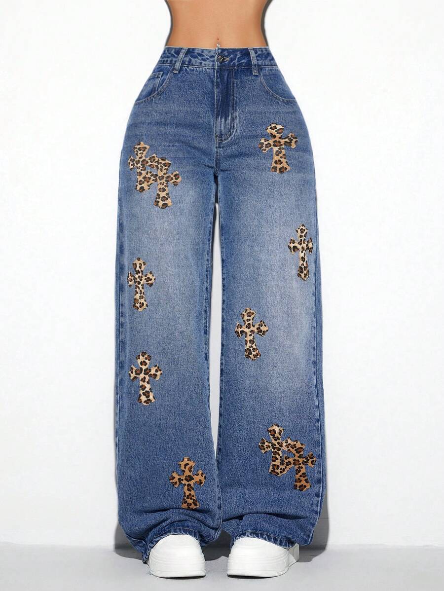 SHEIN ICON Luipaardprint Versleten Rechte Broeken Damesjeans