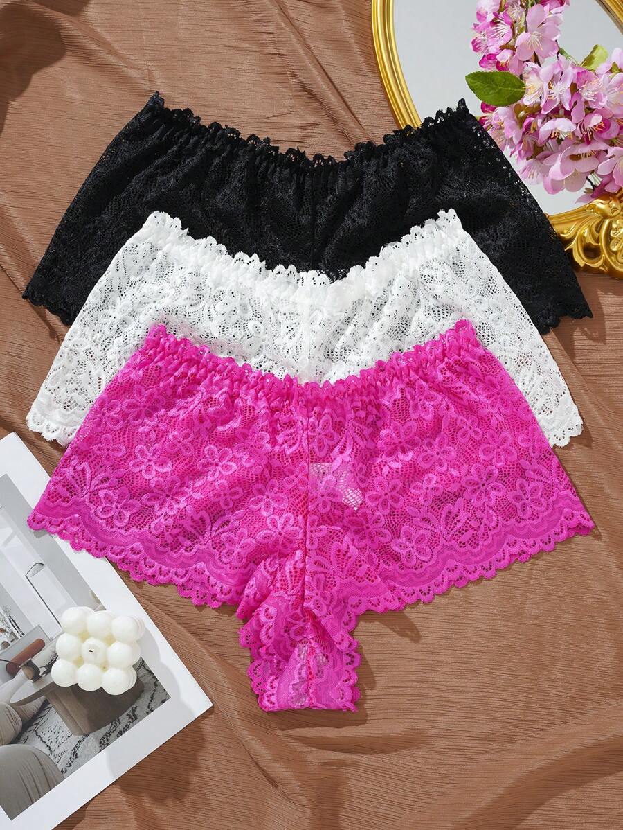 Set de 3 piezas de ropa interior elegante de encaje de unicolor para tallas grandes