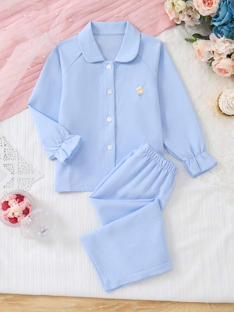 1 Conjunto de Top de manga larga tejido en azul claro, pantalones y cuello con bordado de flor amarilla para niñas, vestimenta casual cómoda