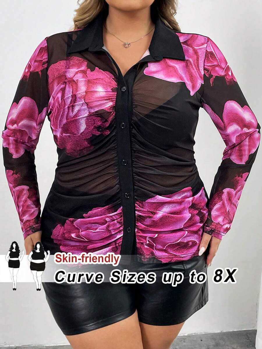 SHEIN CURVE+ Plus Size Casual Sexy V-Neck Open Front Long Sleeve Ruched Color Block Print Blouse For Autumn/Winter,Valentines,Rose,Heart,Polka Dot,Love,Lip,Cupid,3D Flower