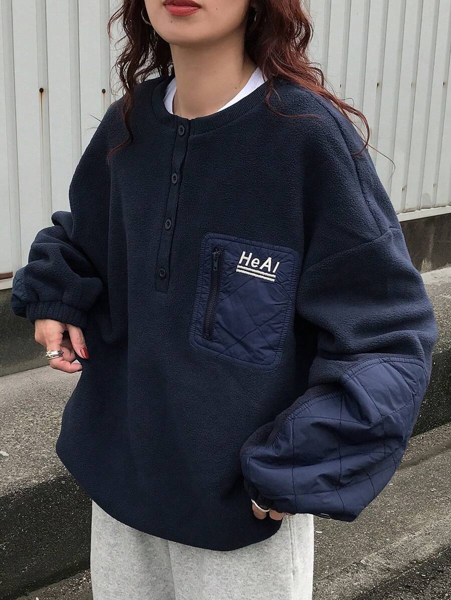 FRIFUL Sudadera holgada de manga larga con cuello redondo y bolsillo con decoración de estampado de letras para mujer, blusas de manga larga