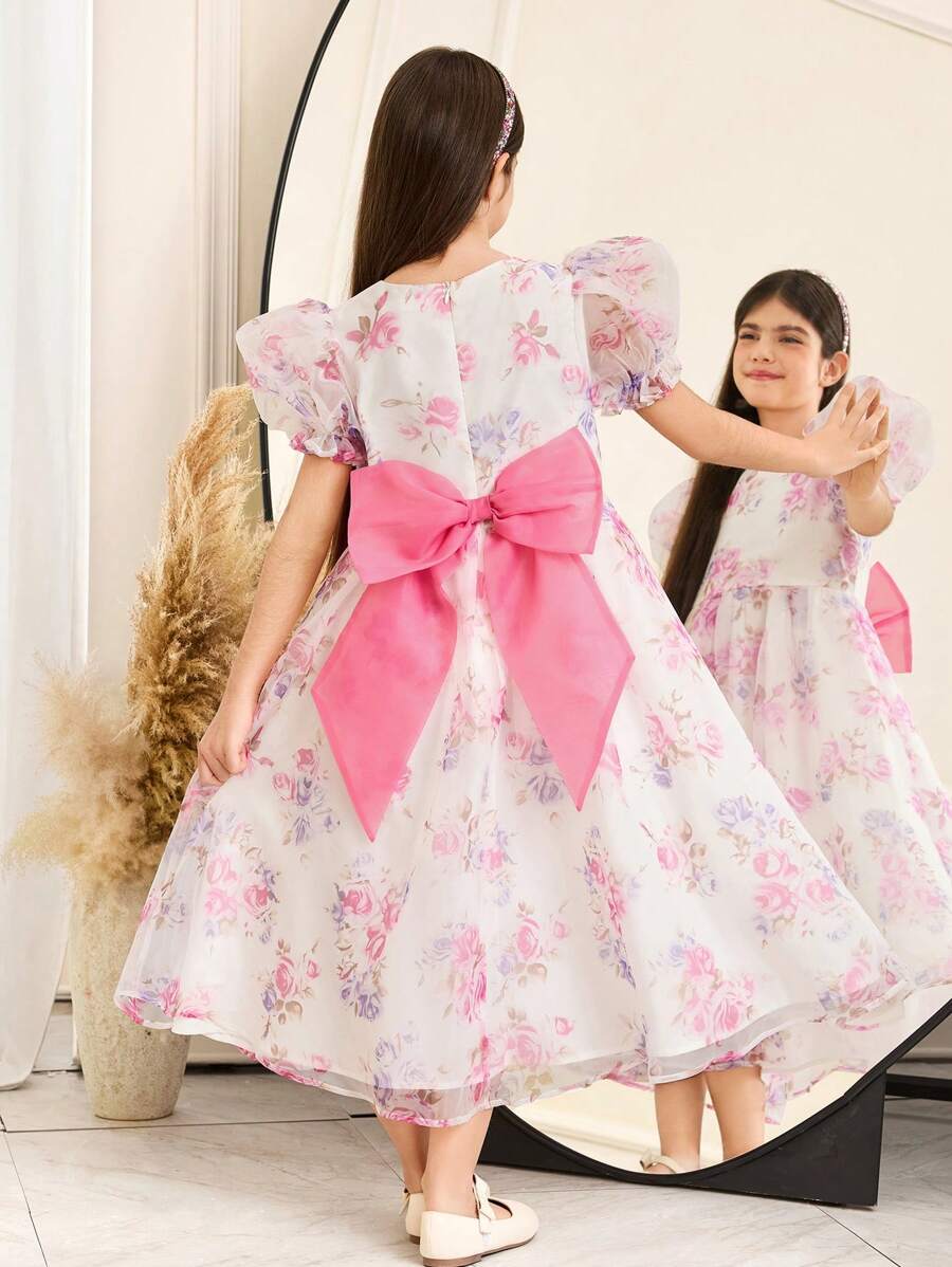 SHEIN Tween Girls Cute Round Neck Puff Sleeve Cinch Waist Floral Print Mid-Length Dress