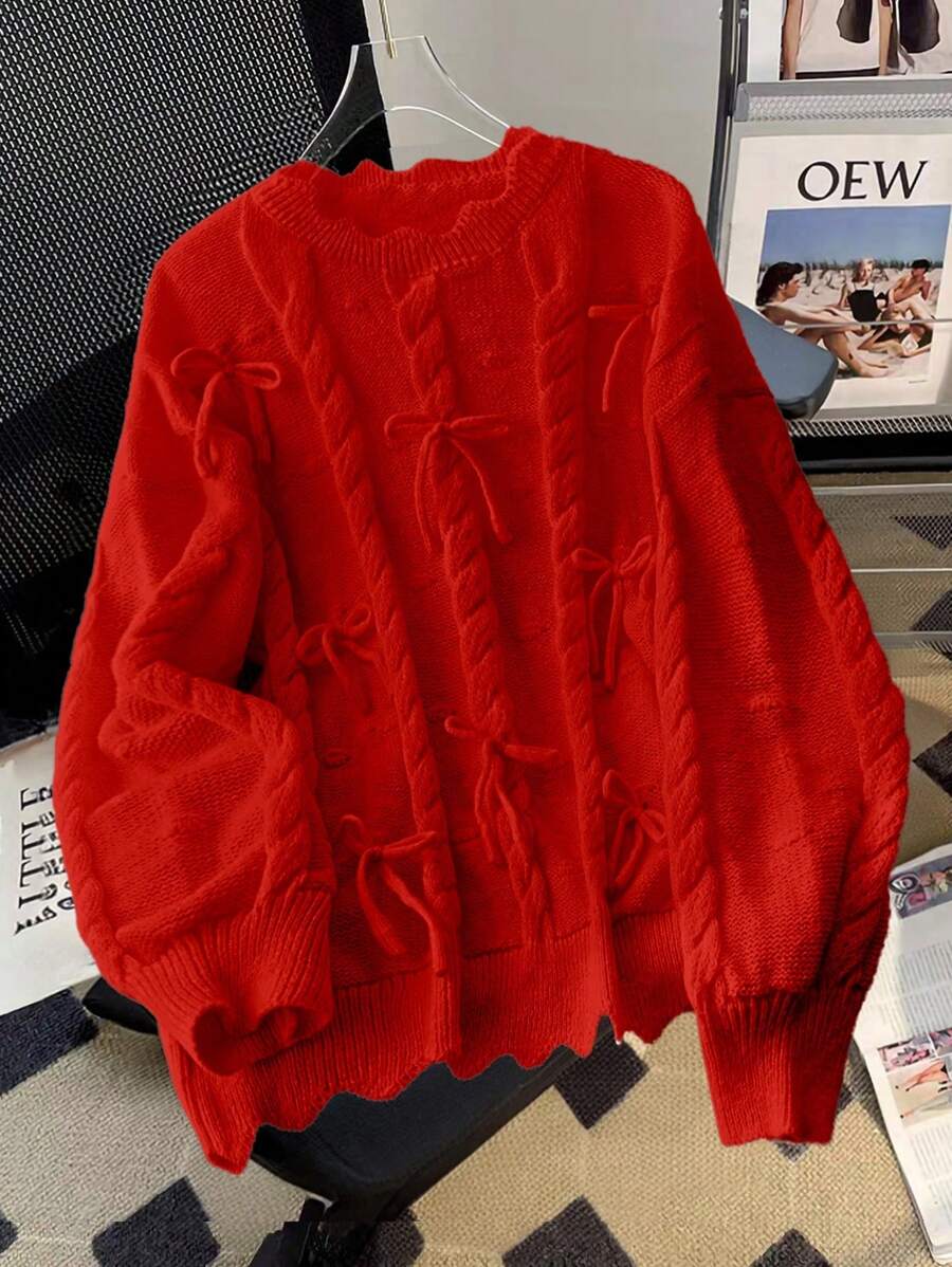 Flirla Suéter rojo con lazo decorativo para mujer de talla grande, nuevo diseño para otoño/invierno