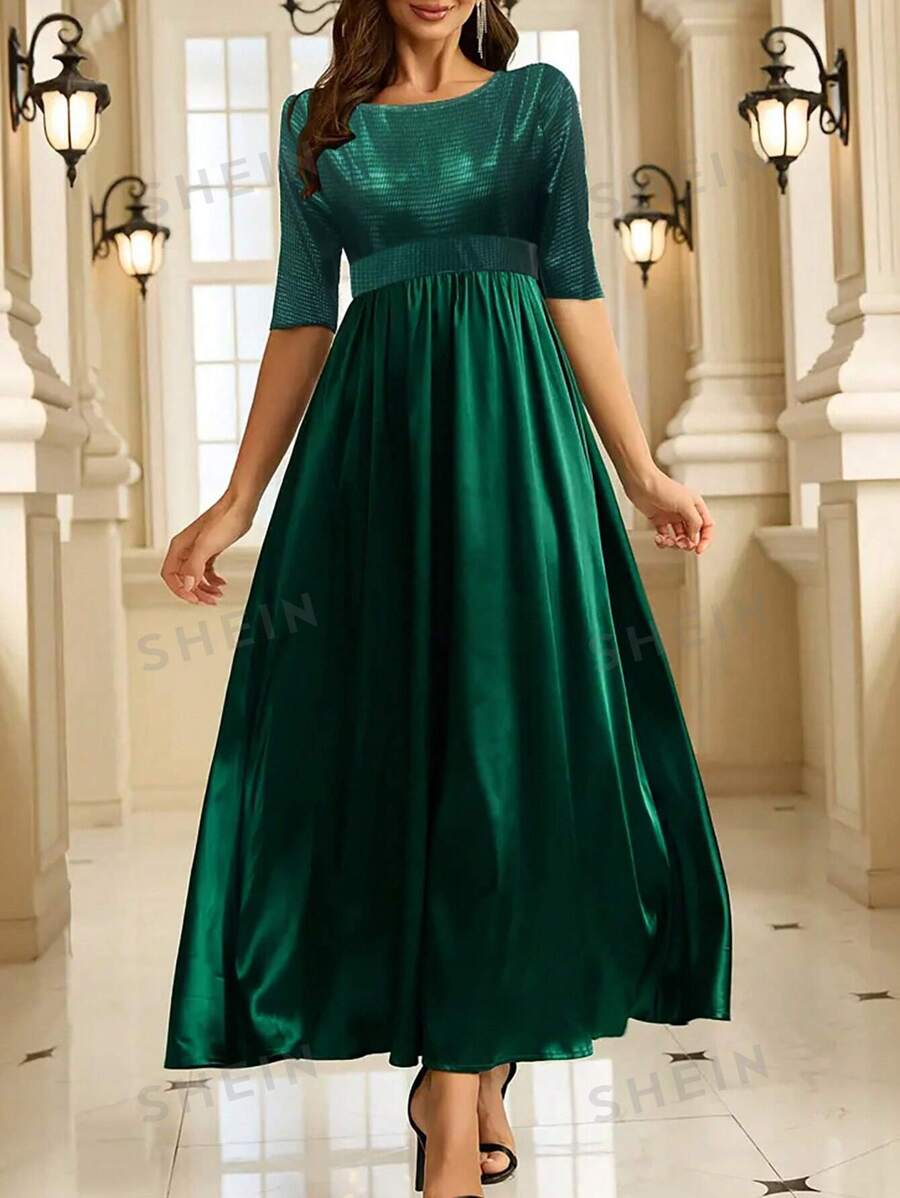 SHEIN Clasi Vestido largo con diseño de patchwork elegante, adecuado para ocasiones de fiesta