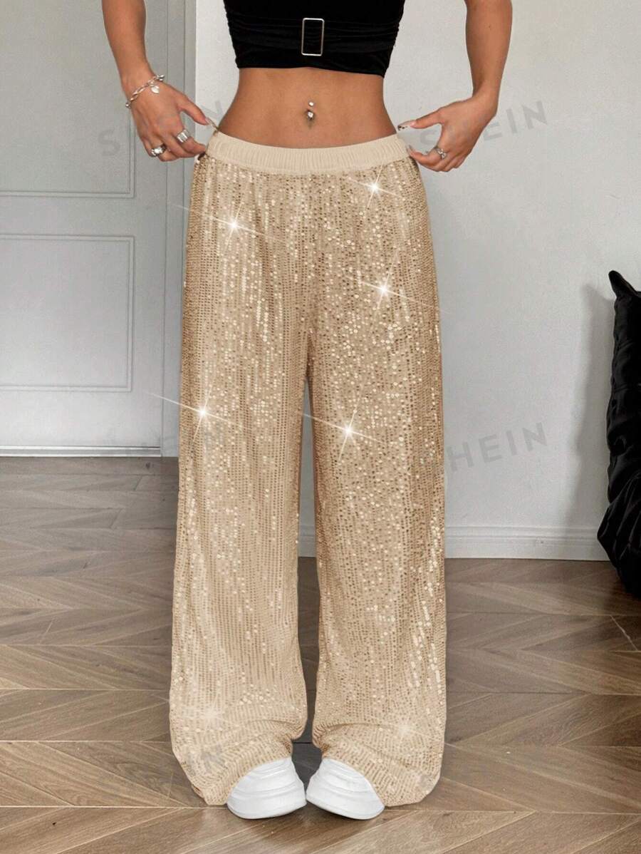 SHEIN EZwear Pantalones sueltos con lazo delantero y lentejuelas a la moda para fiesta