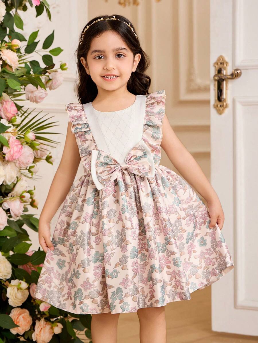 Glamorique Kids Young Girl Round Neck Floral Print Dress With Bow Decoration