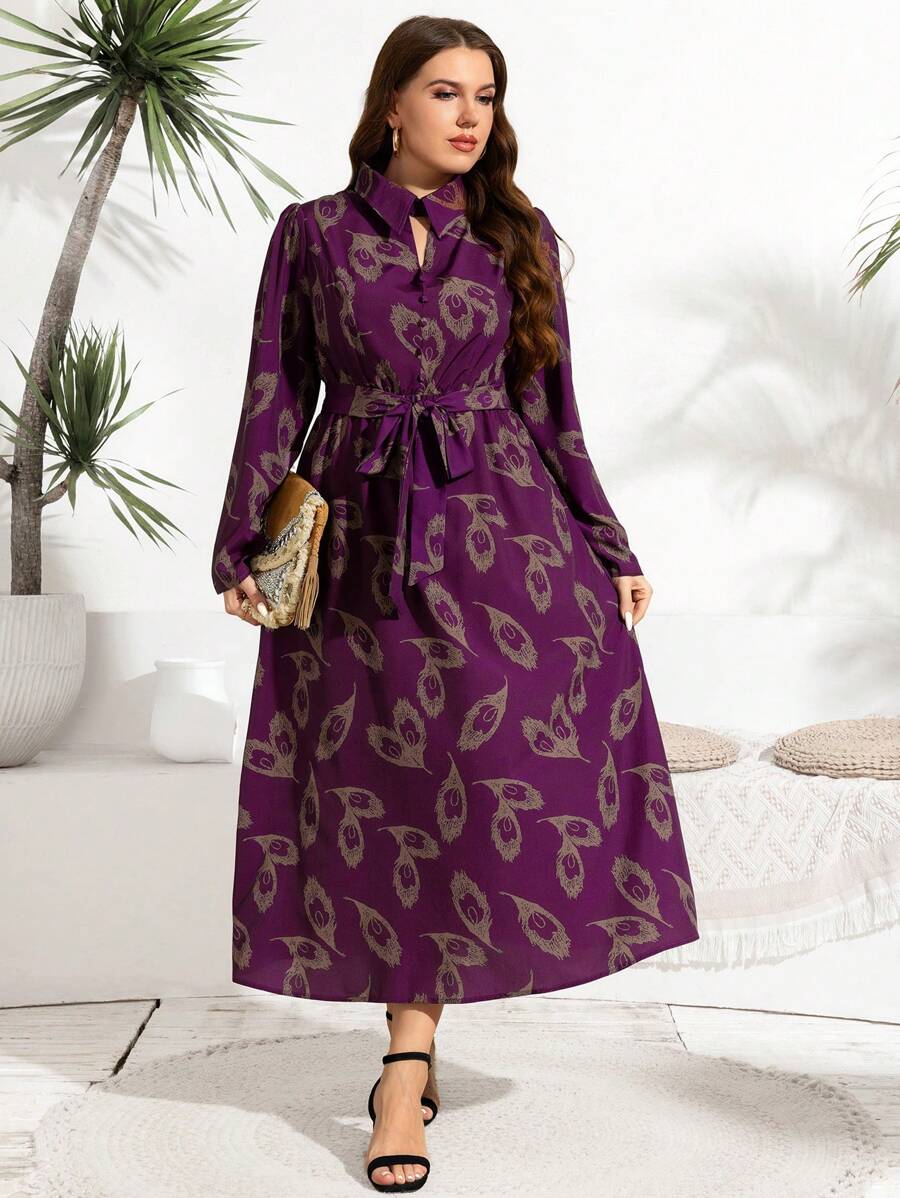 Mulvari Plus Size Casual Full Print Shirt Dress For Spring & Autumn, Elegant A Line Dresses, For Casual Daily/Travel/Work/Party