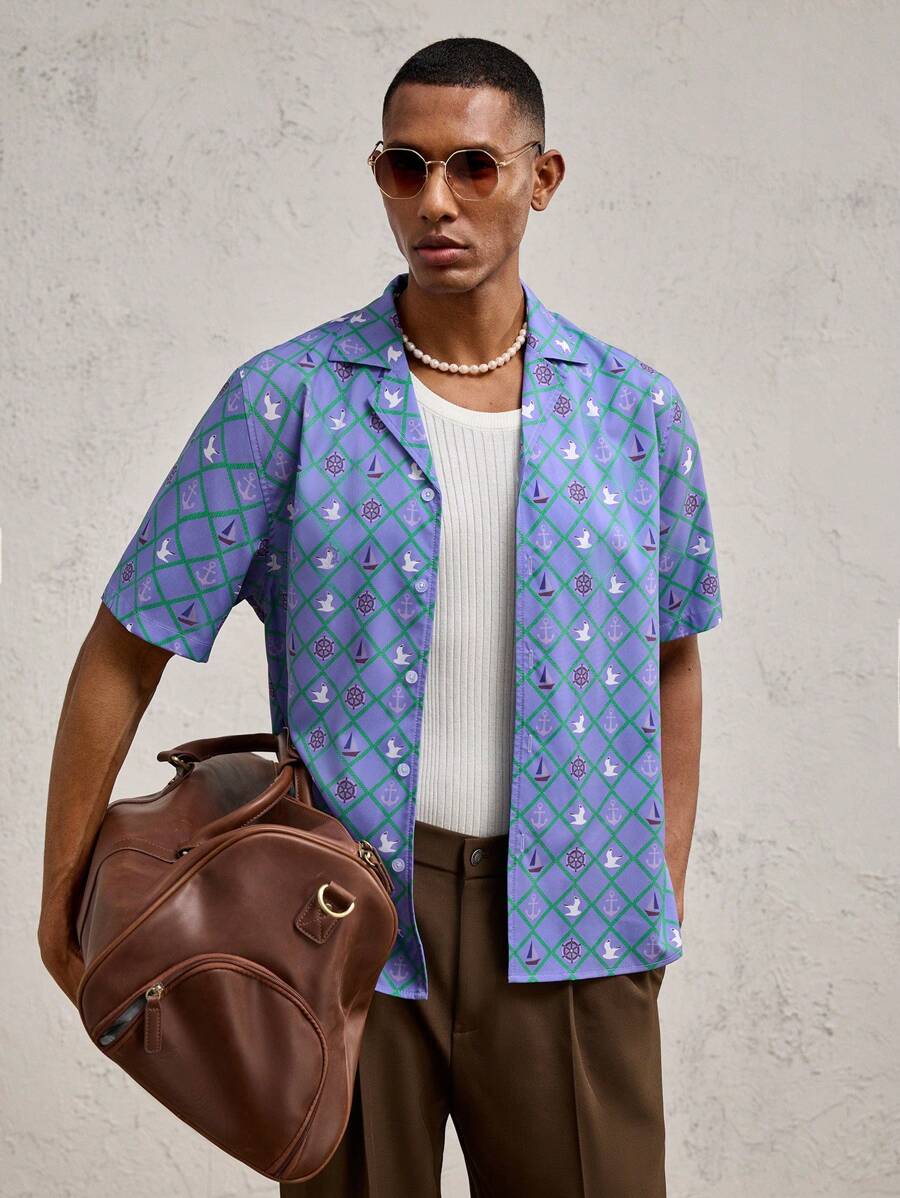 AKNOTIC Business Casual Men's Woven Patterned Print Casual Short Sleeve Shirt, Suitable For Summer
