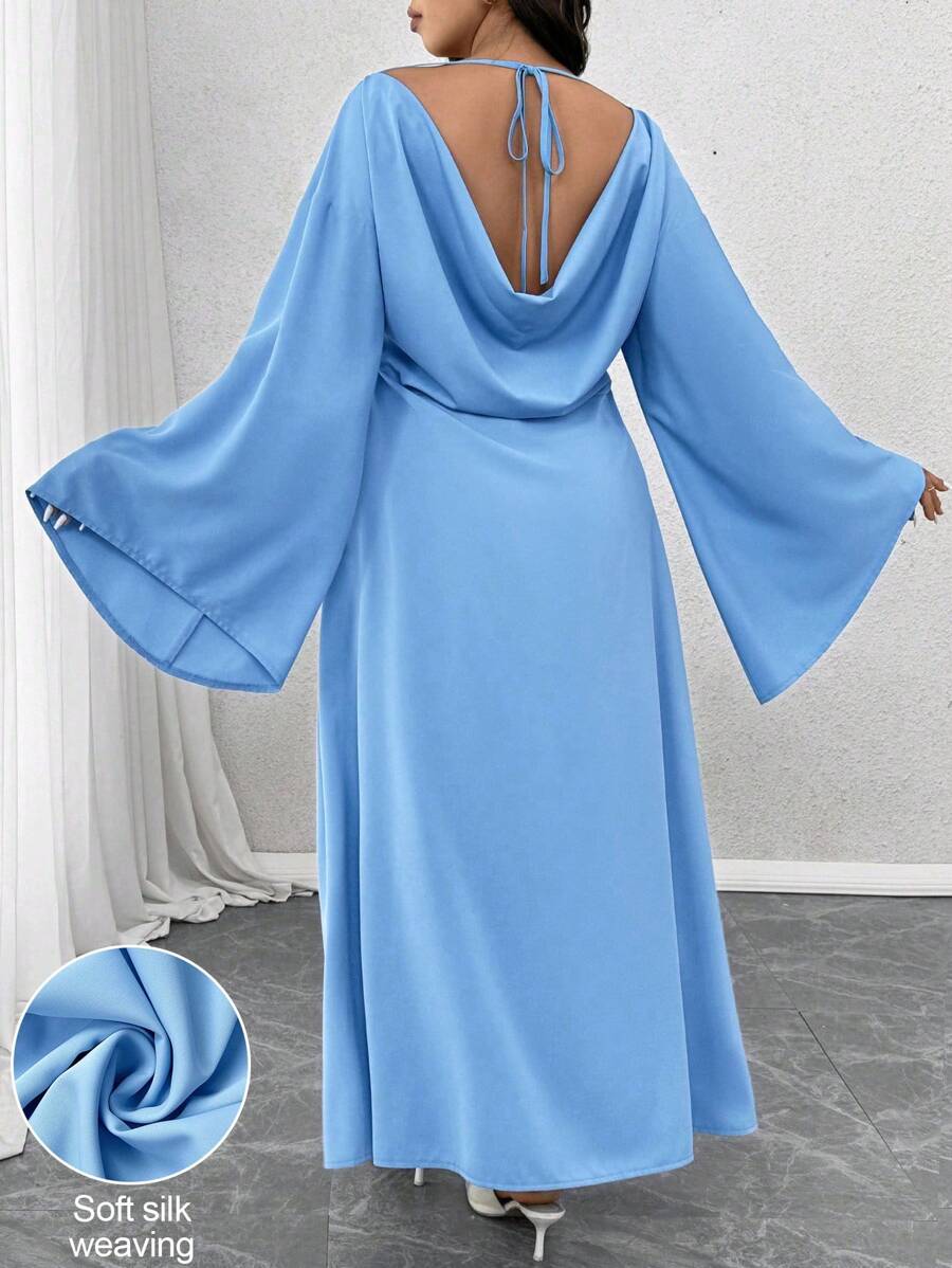 Celure Plus Size Backless Draped Neck Flare Sleeve Waist Fit Ankle-Length Elegant Date Night Dress