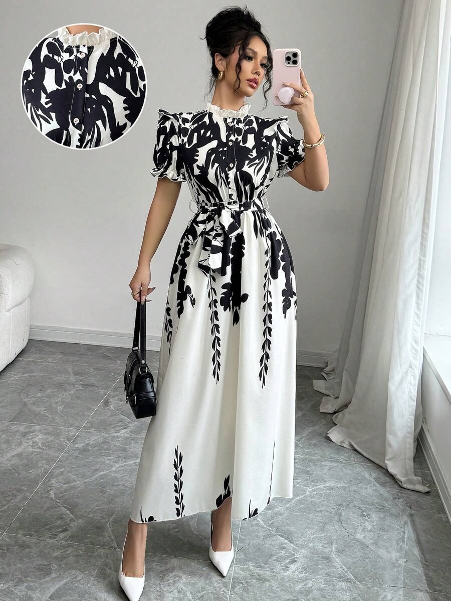 Calvaya Plant Print Stand Collar Ruffle Trim Empire Waist Women Short Sleeve Dress