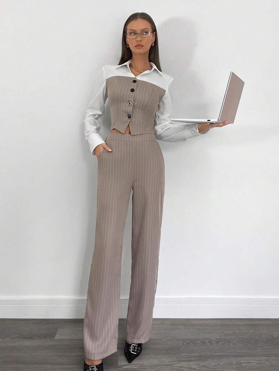 SHEIN Essnce Dames gestreept patchwork shirt met lange mouwen en gestreepte lange broek set, Office Commuter 2-delige outfit, kantoorkleding