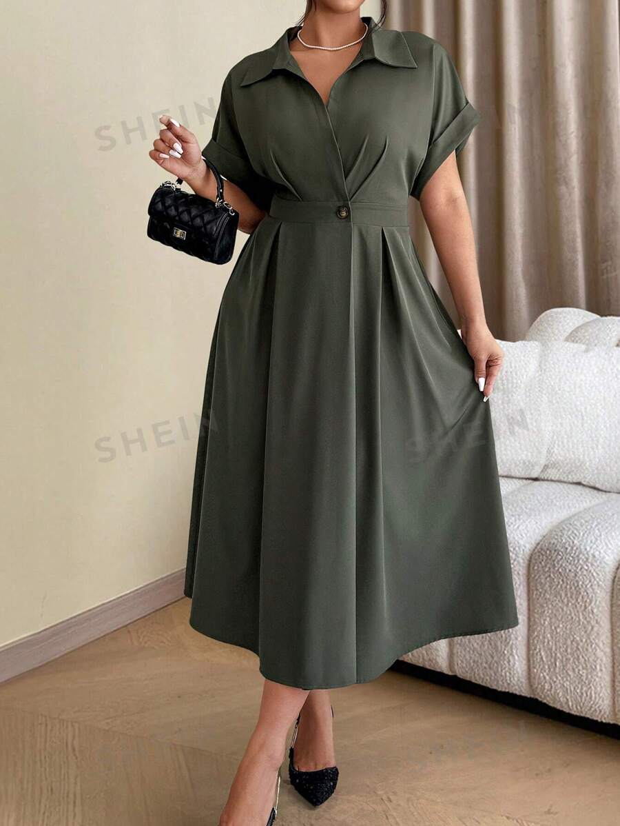 Calvaya Vestido informal con mangas tipo murciélago y cintura ceñida en unicolor para talla grande