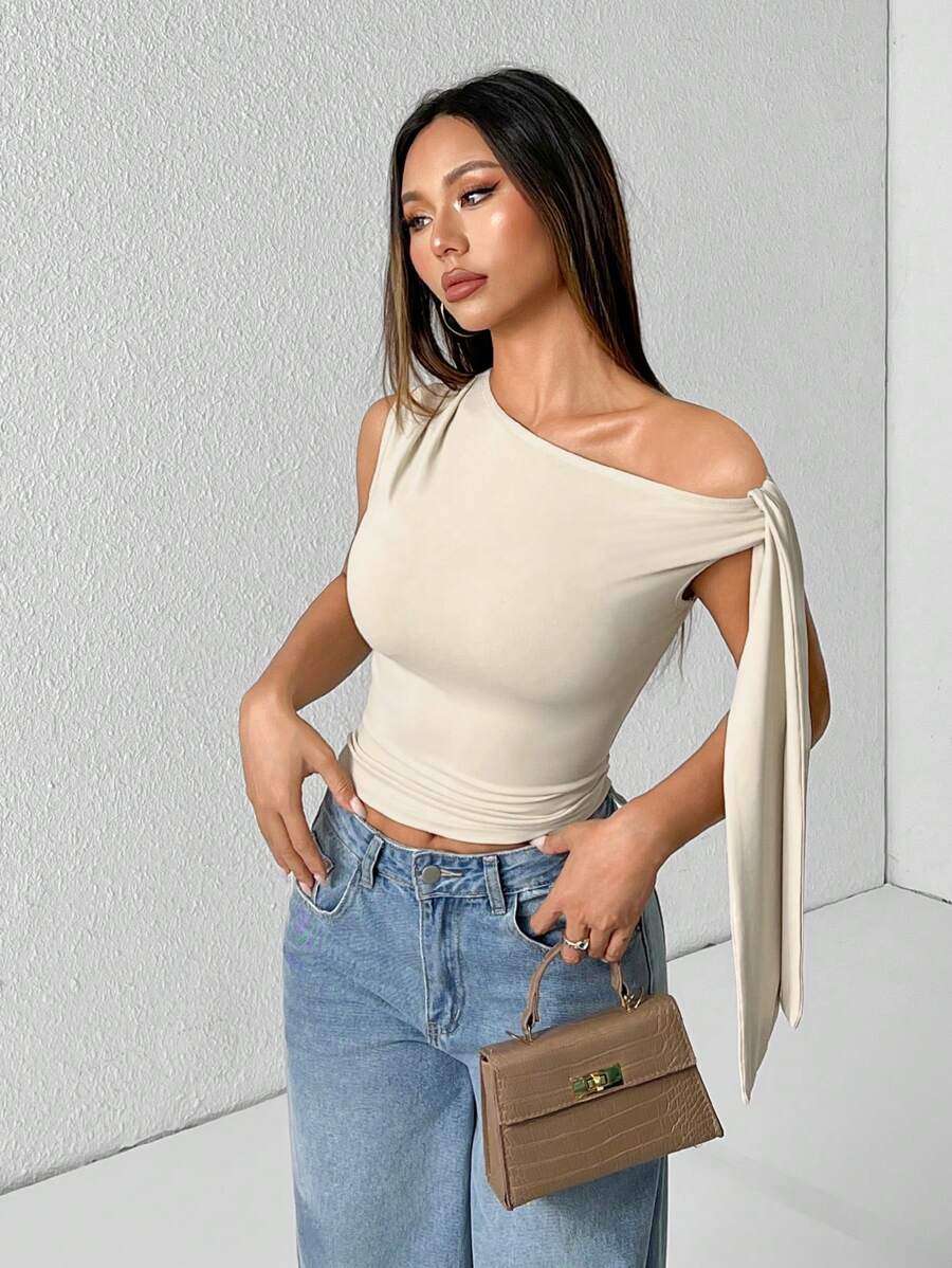 SHEIN PETITE 1pc Women's Solid Color Minimalist Oblique Collar Tied Blouse, Casual Daily Wear