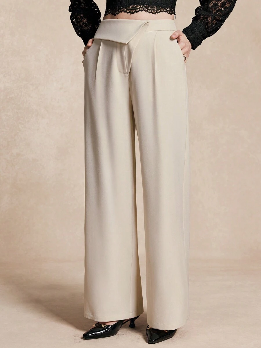 Almamuse Women's Asymmetrical Waist Design Wide Leg Pants